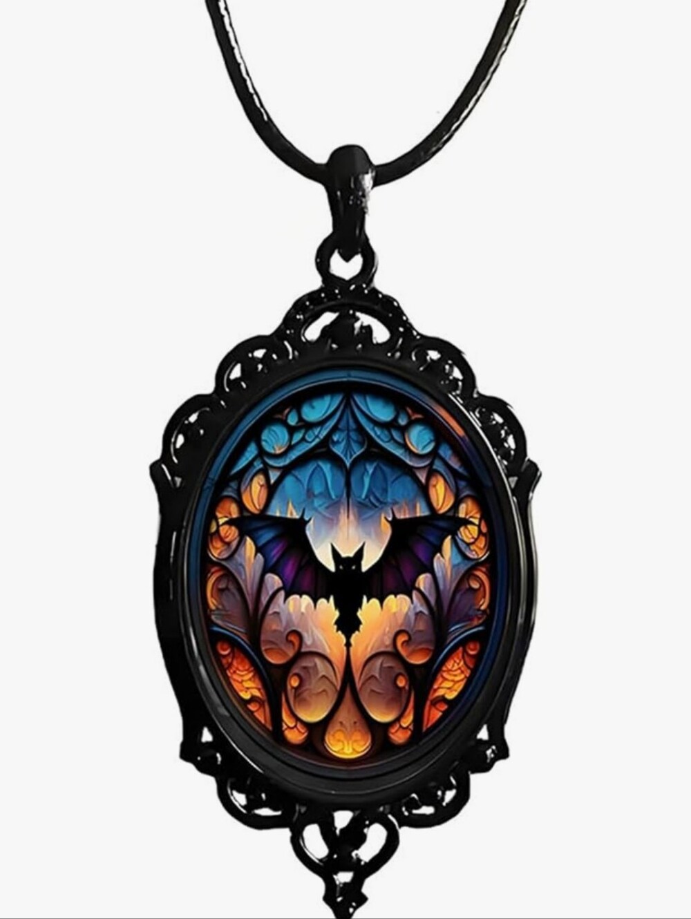 Black Bat Gothic Style Pendant Necklace - Blue & Orange - Picture 5 of 6